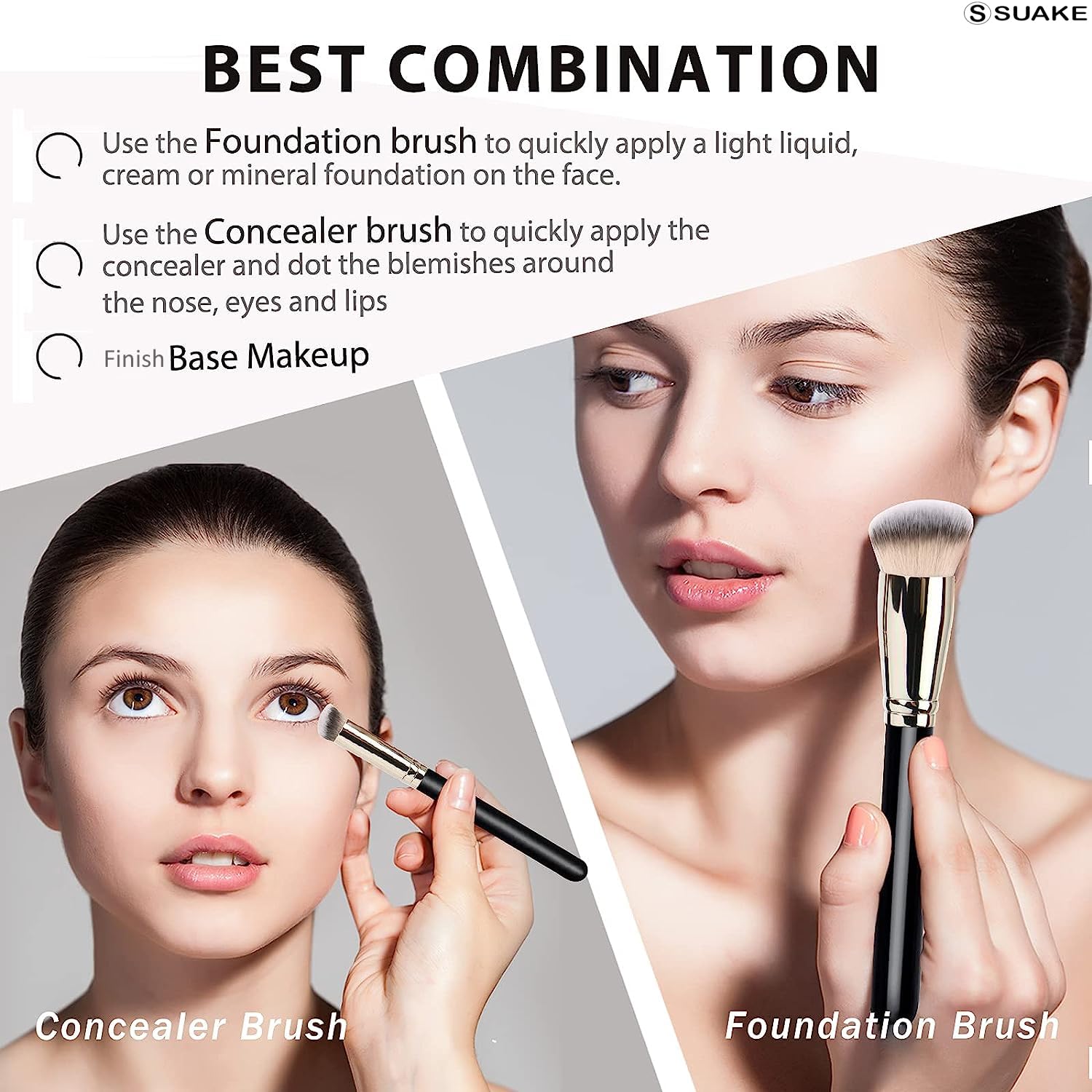 Suake 10-Piece Makeup Brush Set: Premium Synthetic Bristles, Ultra-Soft Foundation, Powder, and Eyeshadow Brushes in Elegant Black & Gold