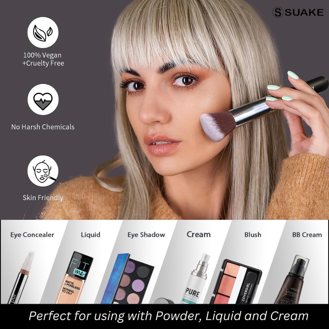 Suake 10-Piece Makeup Brush Set: Premium Synthetic Bristles, Ultra-Soft Foundation, Powder, and Eyeshadow Brushes in Elegant Black & Gold