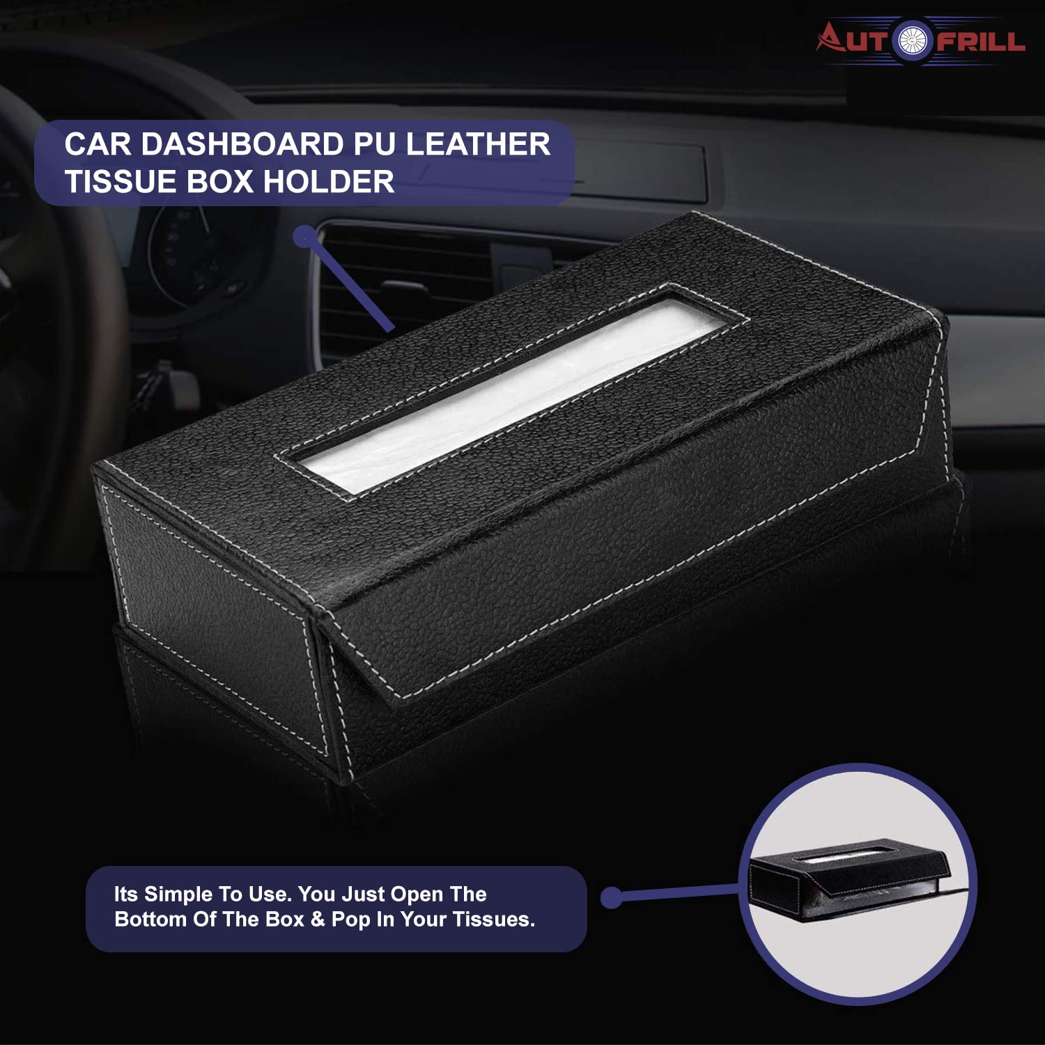 AUTOFRILL Car Tissue Box with 2 Ply 100 Pull Tissue Paper, Tissue Paper Holder, Tissue Box Holder, Car Tissue Holder Tissue Holder for Home, Office, Kitchen (Black Box)