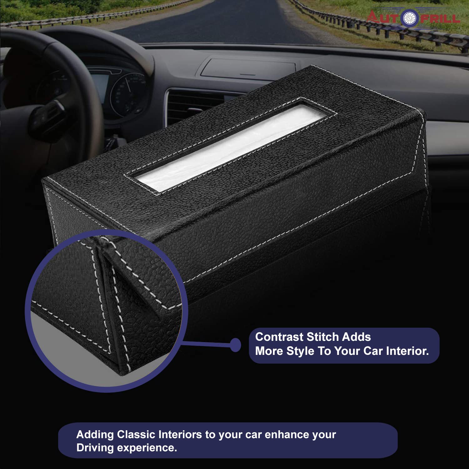 AUTOFRILL Car Tissue Box with 2 Ply 100 Pull Tissue Paper, Tissue Paper Holder, Tissue Box Holder, Car Tissue Holder Tissue Holder for Home, Office, Kitchen (Black Box)