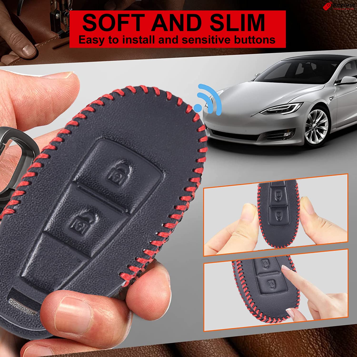 Keycase 2 Button Leather Smart Car Key Cover (Color Black & Red) for Maruti Suzuki Ignis, SCross, Baleno, Ciaz, Vitara Brezza