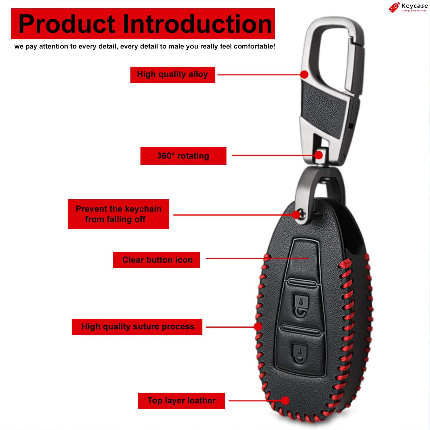 Keycase 2 Button Leather Smart Car Key Cover (Color Black & Red) for Maruti Suzuki Ignis, SCross, Baleno, Ciaz, Vitara Brezza