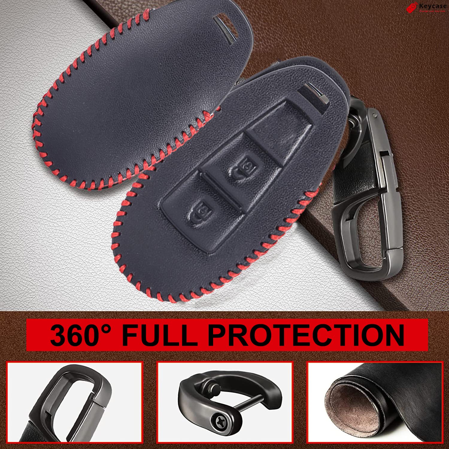 Keycase 2 Button Leather Smart Car Key Cover (Color Black & Red) for Maruti Suzuki Ignis, SCross, Baleno, Ciaz, Vitara Brezza