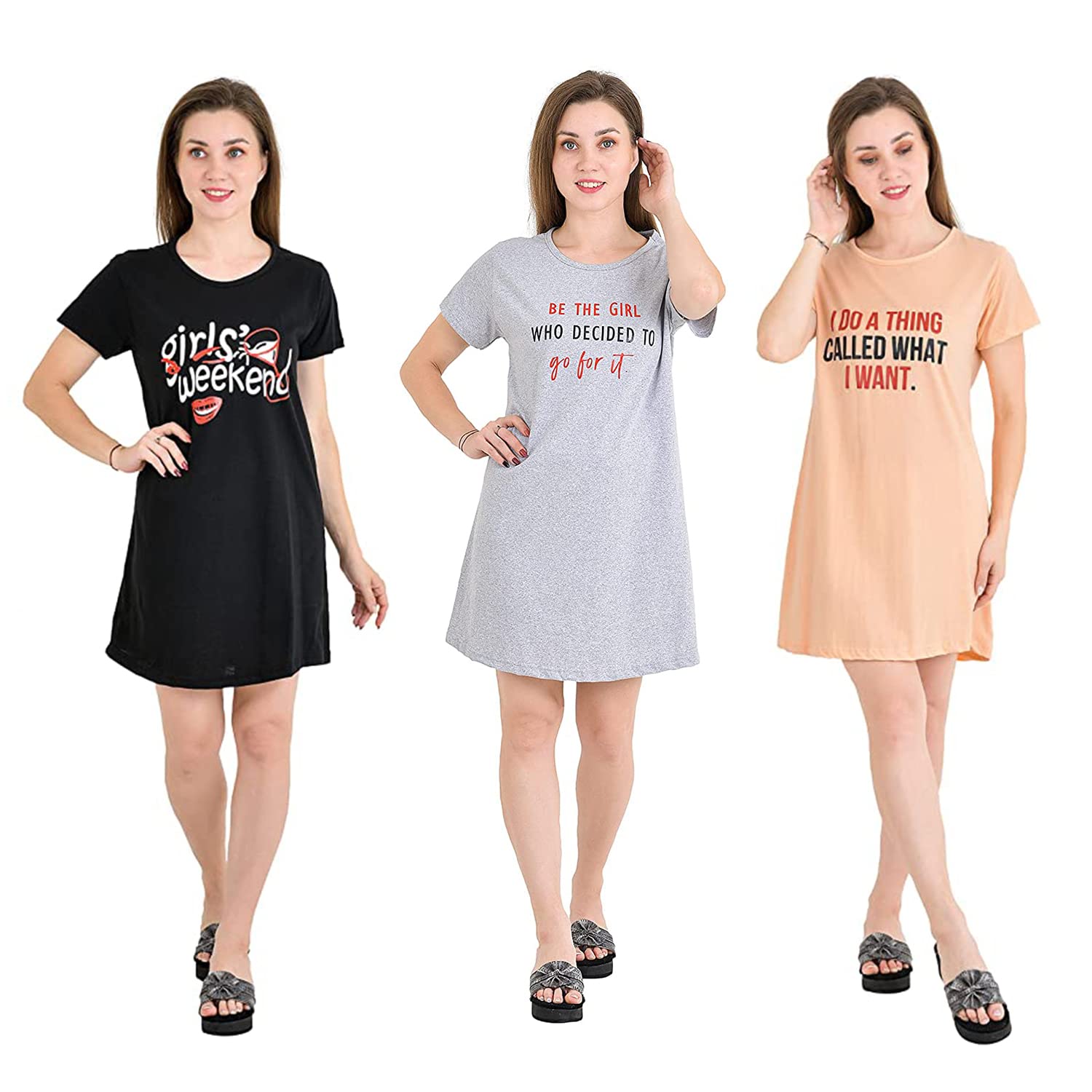 Accustyle Women Cotton Printed Casual Short Nighty Knee Length