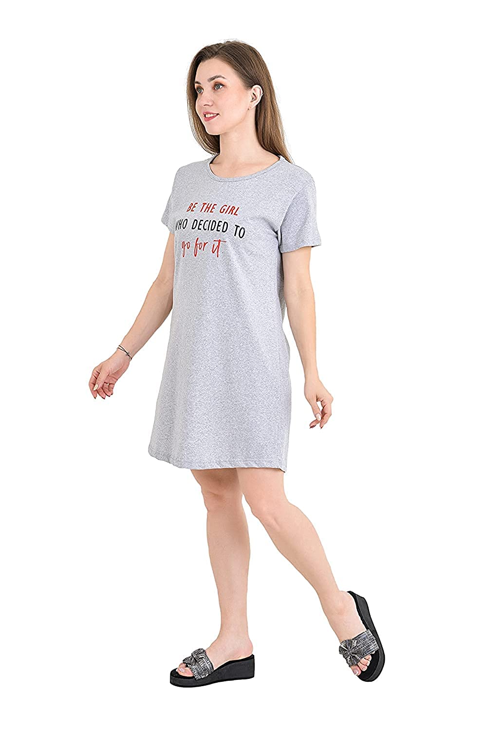Accustyle Women Cotton Printed Casual Short Nighty Knee Length