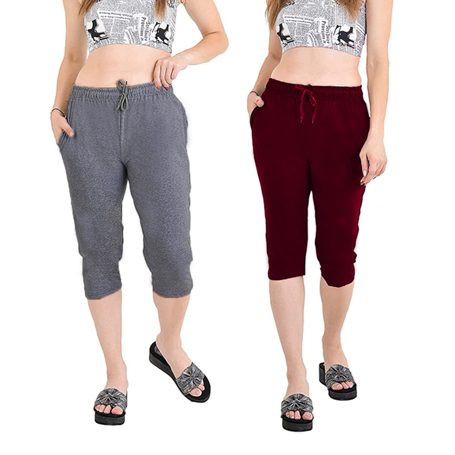 Accustyle Women Cotton Capri with Pockets (Dark Grey & Wine)
