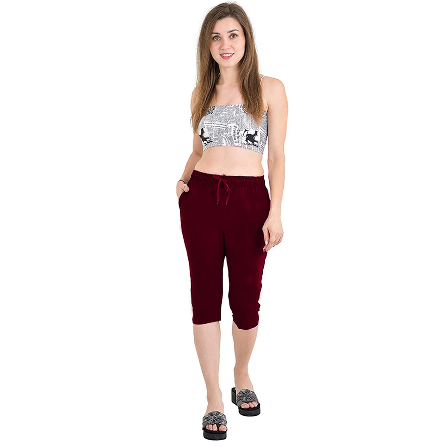 Accustyle Women Cotton Capri with Pockets (Dark Grey & Wine)