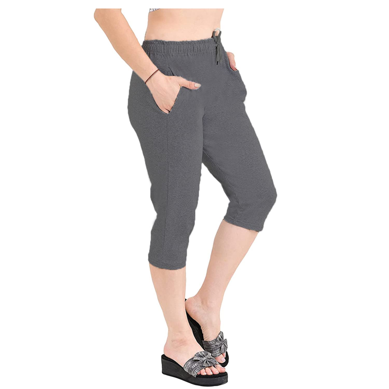 Accustyle Women Cotton Capri with Pockets (Dark Grey & Wine)