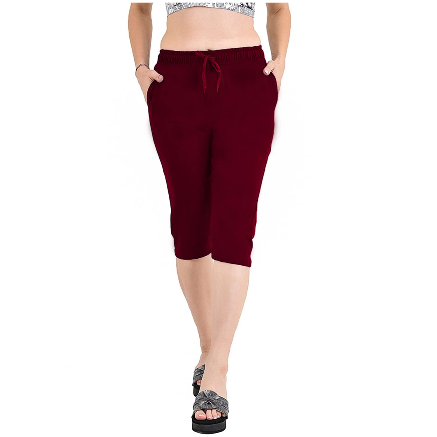 Accustyle Women Cotton Capri with Pockets (Dark Grey & Wine)
