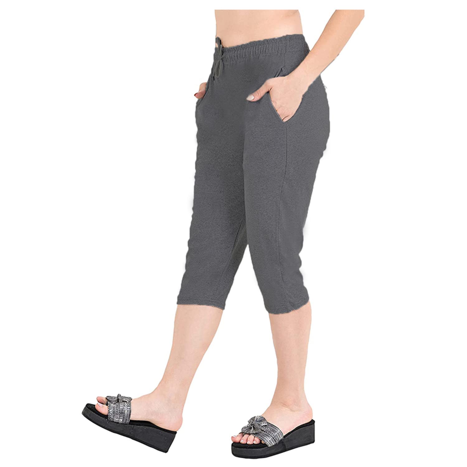 Accustyle Women Cotton Capri with Pockets (Dark Grey & Wine)