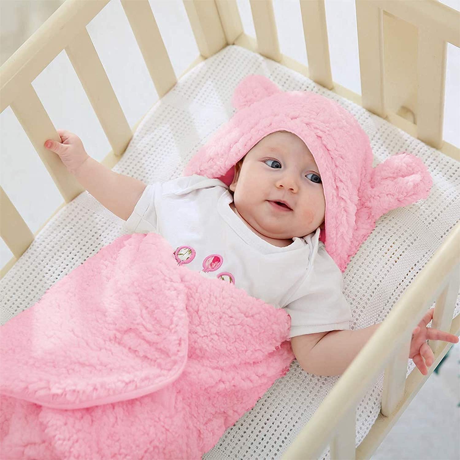 AWEJOY Hooded Baby Blanket Wrapper | Towel for Baby Boy and Girl | All Season Soft Swaddle | 0-6 Months | Nursing Baby Gifts | Infant Sleeping Bag (Pink)