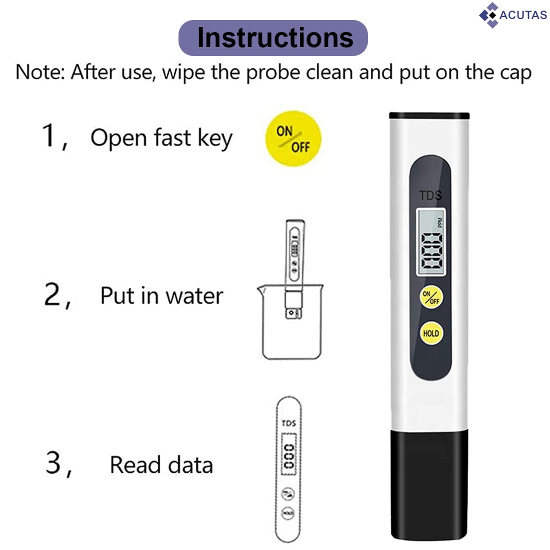 ACUTAS TDS Meter - Accurate and Portable Water Quality Tester for Drinking Water, Aquariums, RO/DI Systems, Hydroponics, and More