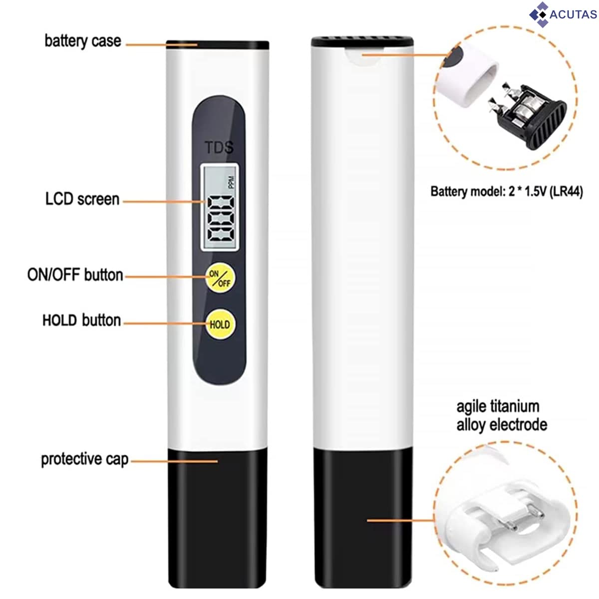 ACUTAS TDS Meter - Accurate and Portable Water Quality Tester for Drinking Water, Aquariums, RO/DI Systems, Hydroponics, and More