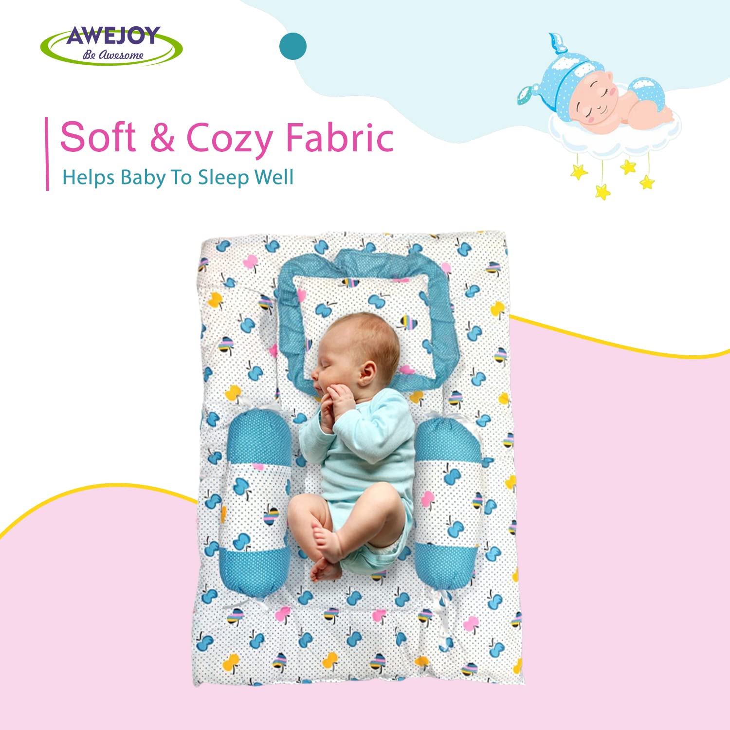 AWEJOY Baby Bedding Set for New Born Baby,Baby Bedding Mattress Set with Neck Pillow & 2 Bolsters | Sleeping Nest Travel Bed for Baby | Infant Toddler Bed Set Gifts for Baby Boy Girl (0-9 Months)