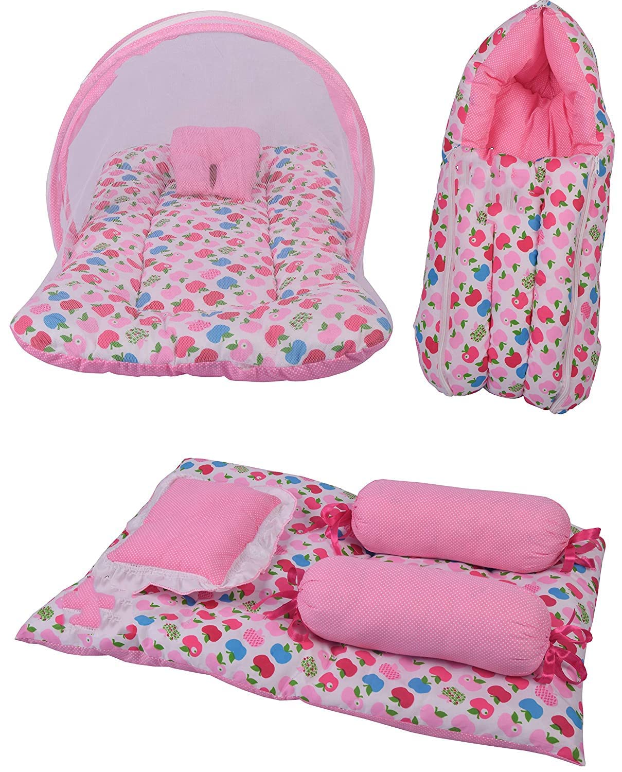 AWEJOY Combo of Baby Mattress with Net | Sleeping Bag | 4 Pcs Bedding Set(0-6 Months)(Pink)