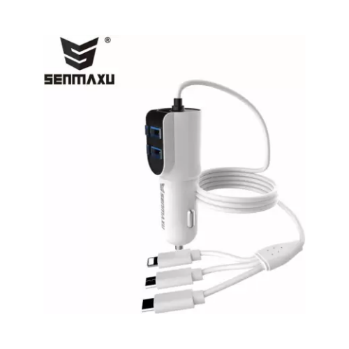 SENMAXU Dual Port Car Charger with 3 in 1 Cable Micro USB, Type C, V8 Cable (White)