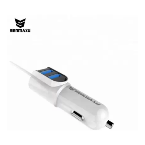 SENMAXU Dual Port Car Charger with 3 in 1 Cable Micro USB, Type C, V8 Cable (White)
