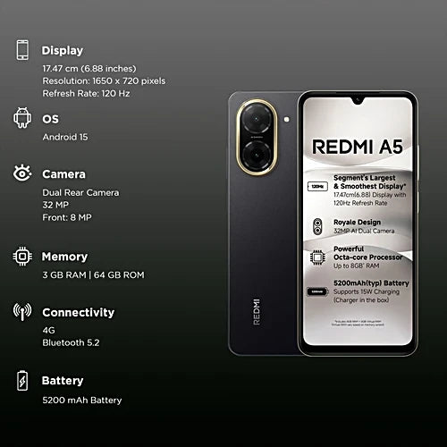 Redmi A5 4G Black (3GB RAM 64GB Storage) | Royale Design | Segment's Largest 6.88 inches and Smoothest 120Hz Display | 5200mAh Large Battery