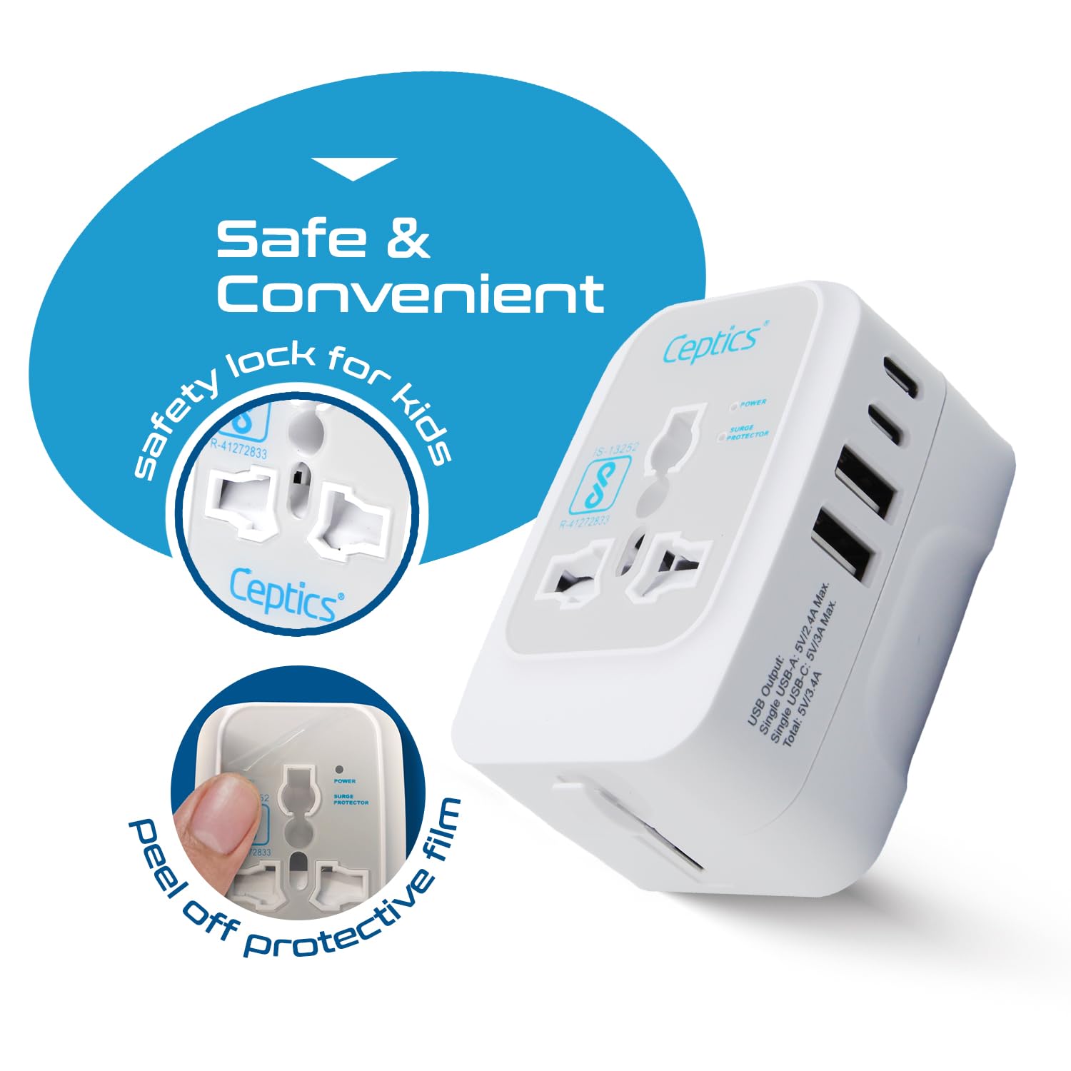 Ceptics 5-in-1 Universal Travel Adapter | 17W | 2 USB-A + 2 USB-C Port | White
