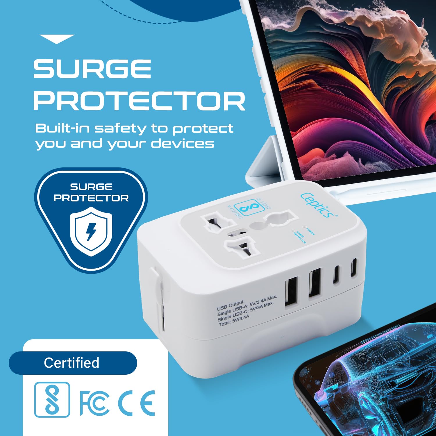 Ceptics 5-in-1 Universal Travel Adapter | 17W | 2 USB-A + 2 USB-C Port | White