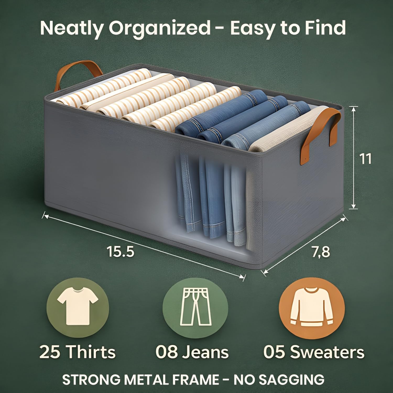 Wardrobe Organizer for Clothes – Foldable Fabric Storage Box with Metal Frame | Storage Basket for Almirah, Cupboard, Jeans & Sweaters (Grey)