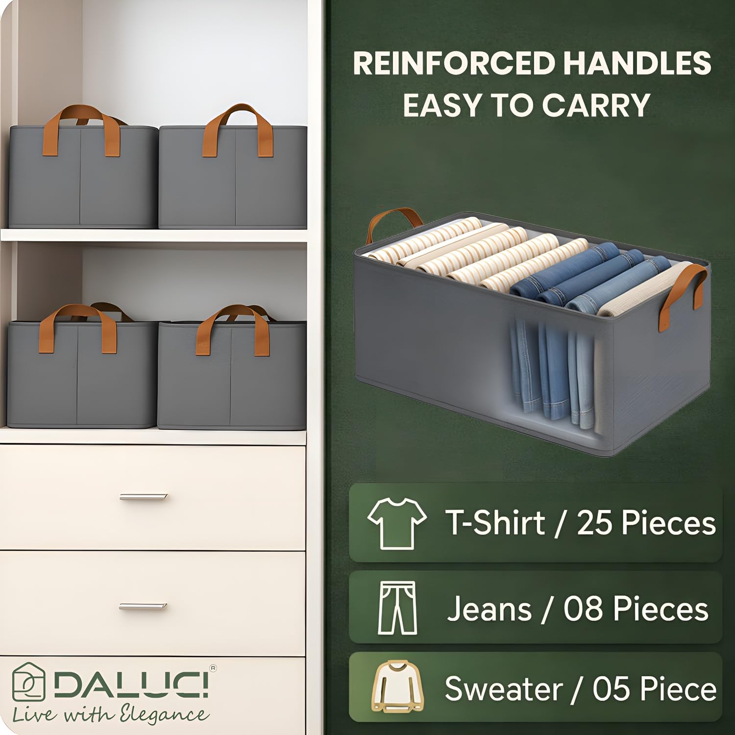Wardrobe Organizer for Clothes – Foldable Fabric Storage Box with Metal Frame | Storage Basket for Almirah, Cupboard, Jeans & Sweaters (Grey)
