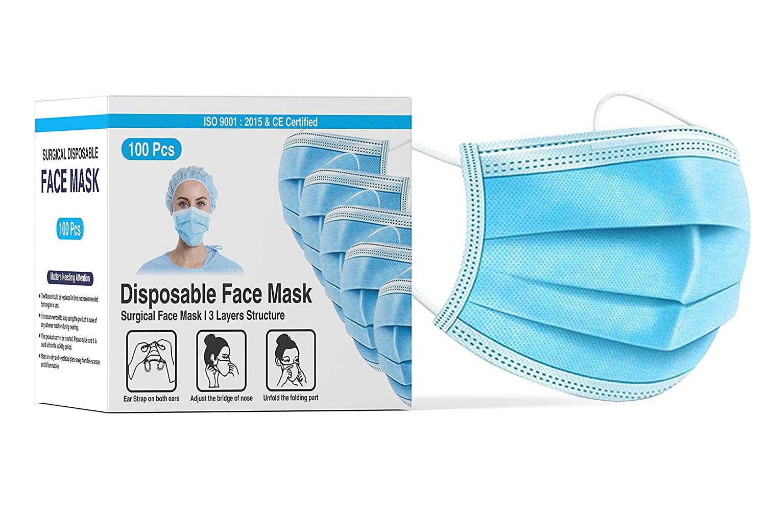 DALUCI Nonwoven Fabric Disposable 3Ply Surgical Mask With Melt Blown Fabric Layer (Blue, Free Size, Pack of 100, 3 Ply)