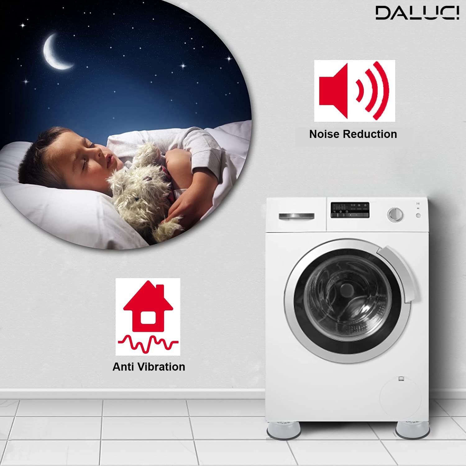 Daluci Anti Vibration Pads | 4-Piece Washing Machine Stand with Suction Cup Feet for Front Load and Top Load Appliances