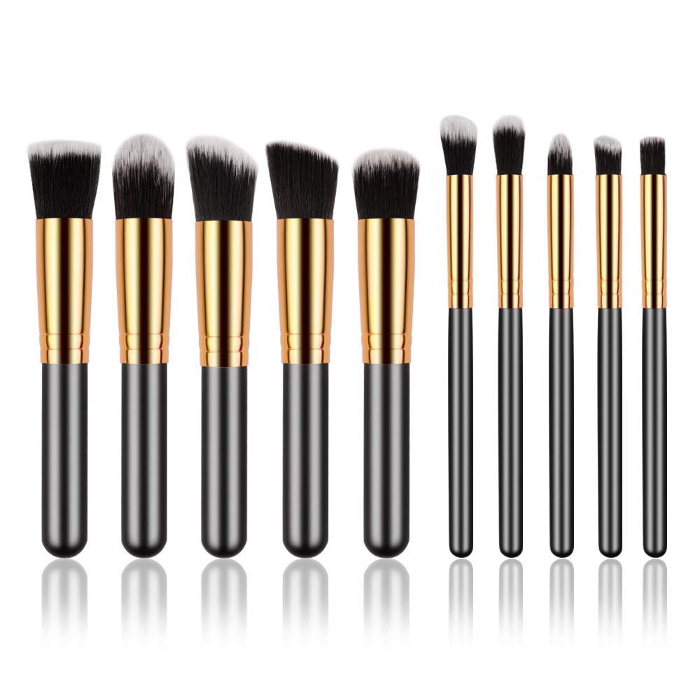 Suake 10-Piece Makeup Brush Set: Premium Synthetic Bristles, Ultra-Soft Foundation, Powder, and Eyeshadow Brushes in Elegant Black & Gold