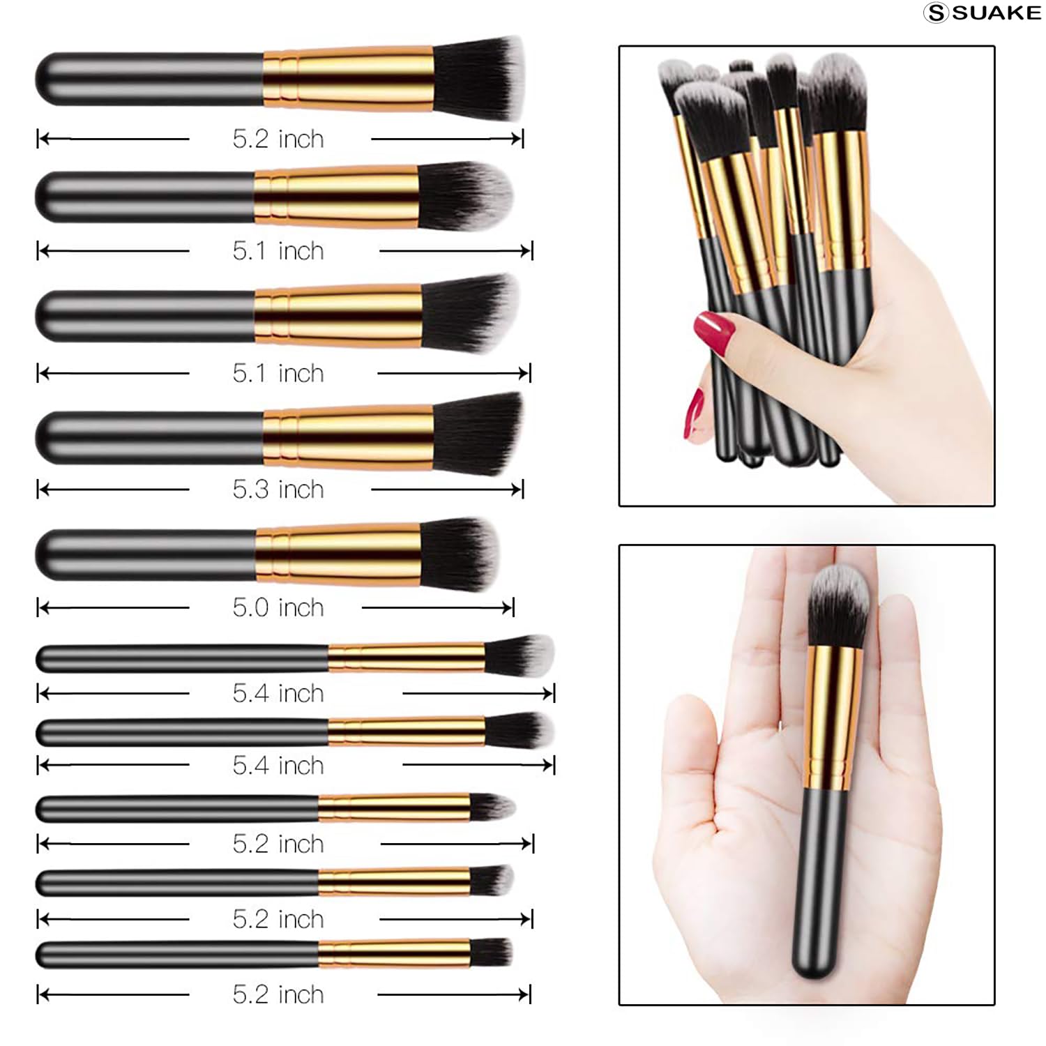 Suake 10-Piece Makeup Brush Set: Premium Synthetic Bristles, Ultra-Soft Foundation, Powder, and Eyeshadow Brushes in Elegant Black & Gold
