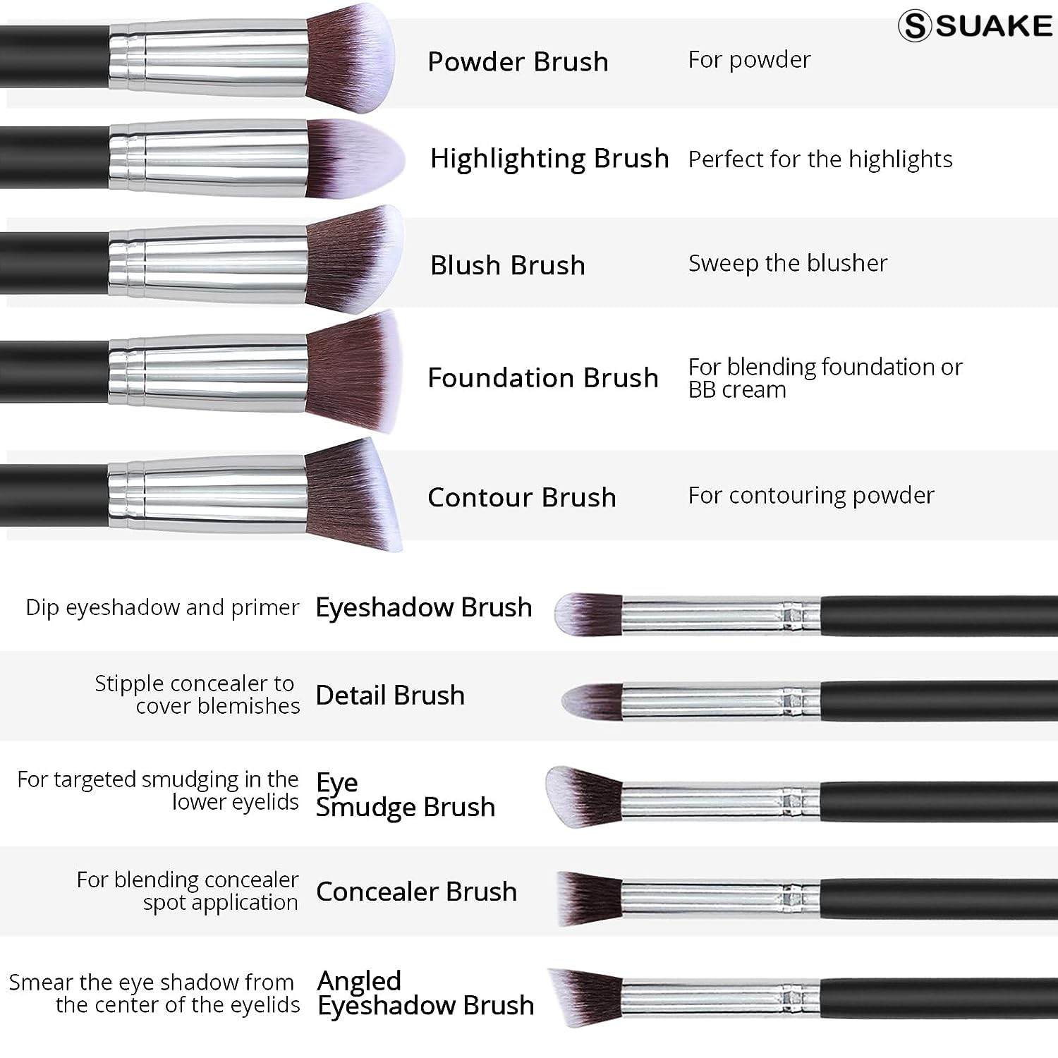 Suake 10-Piece Makeup Brush Set: Premium Synthetic Bristles, Ultra-Soft Foundation, Powder, and Eyeshadow Brushes in Elegant Black & Gold