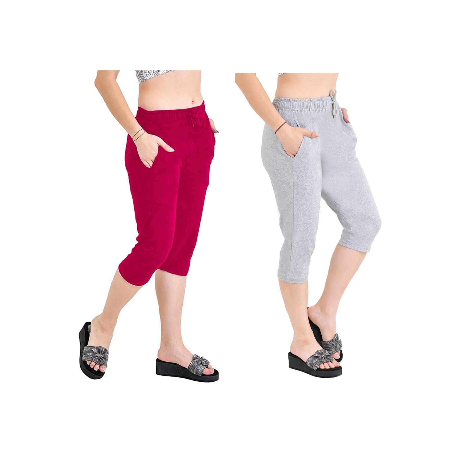 Accustyle Women Cotton Capri with Pockets (Pink,Grey)