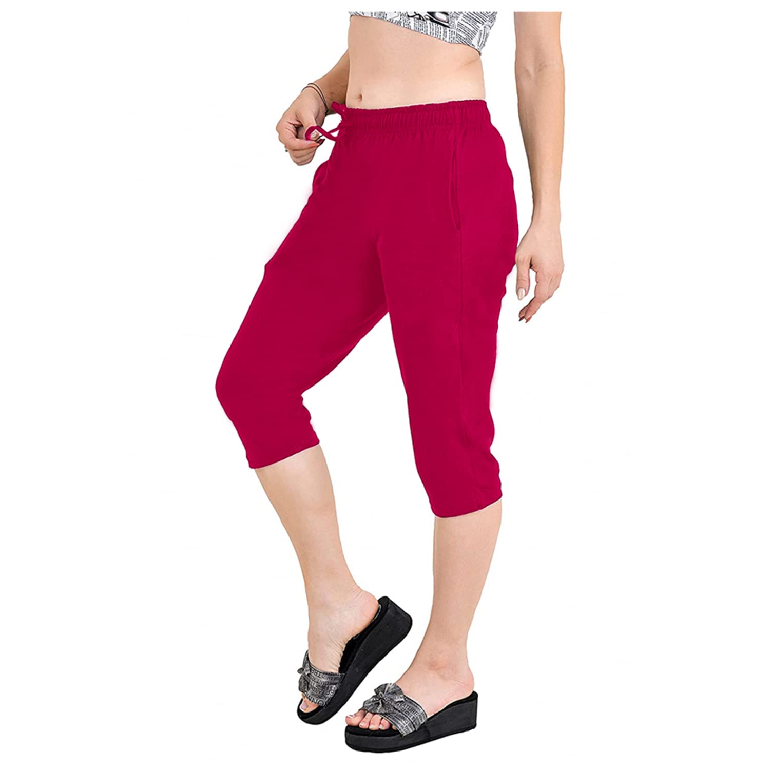 Accustyle Women Cotton Capri with Pockets (Pink,Grey)