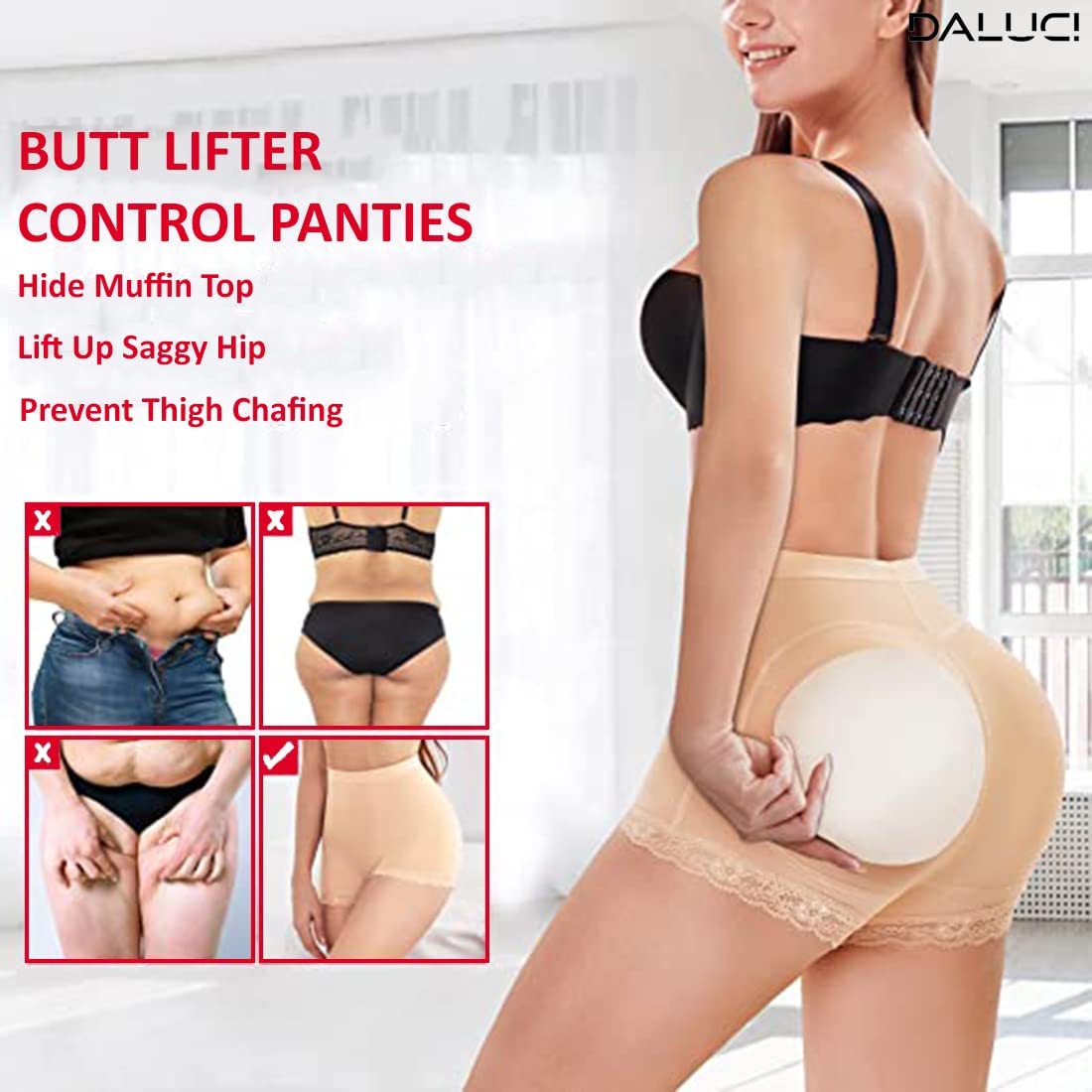 DALUCI Women's Polyester Panties Butt Lifter Body Panty Sexy Woman Fake as Shapewear Underwear (Color Beige, Size M)