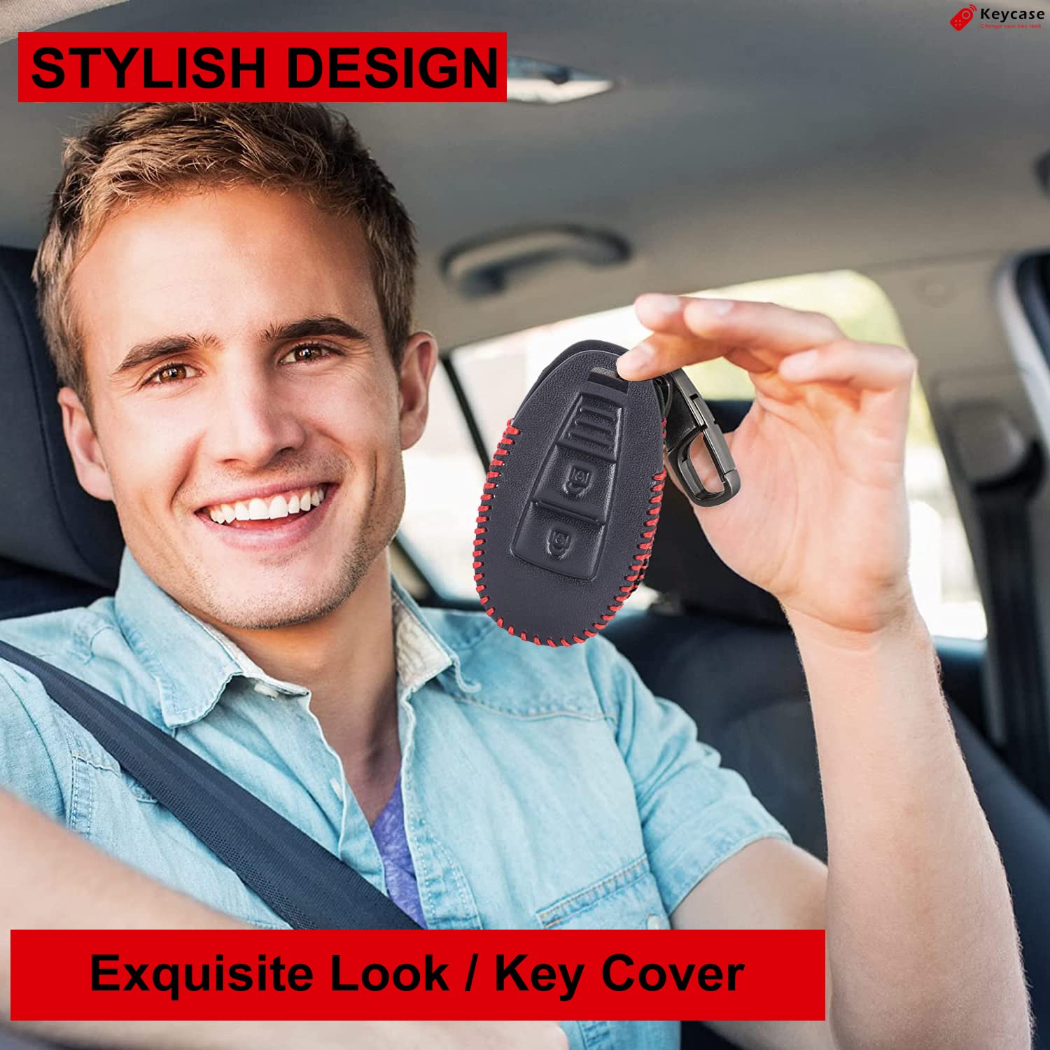 Keycase 2 Button Leather Smart Car Key Cover (Color Black & Red) for Maruti Suzuki Ignis, SCross, Baleno, Ciaz, Vitara Brezza