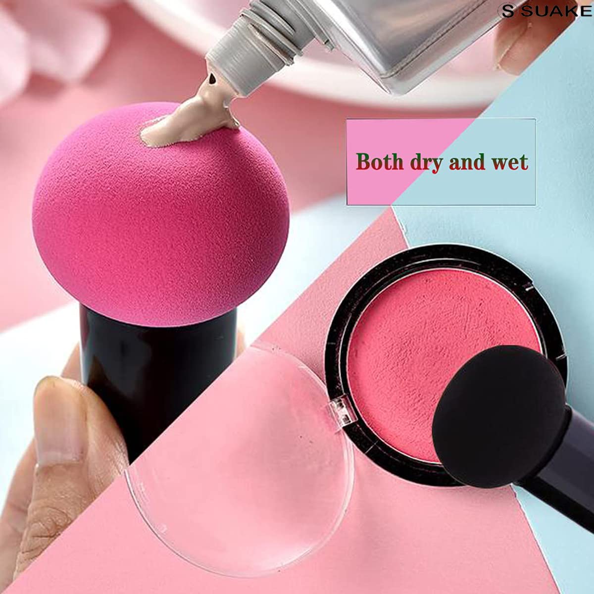SUAKE Professional Mushroom Makeup Blender Sponge for Face Brush | Makeup Puff with Handle Case for Dry Wet Use Liquid, Creams, and Powders (Multi Colour)