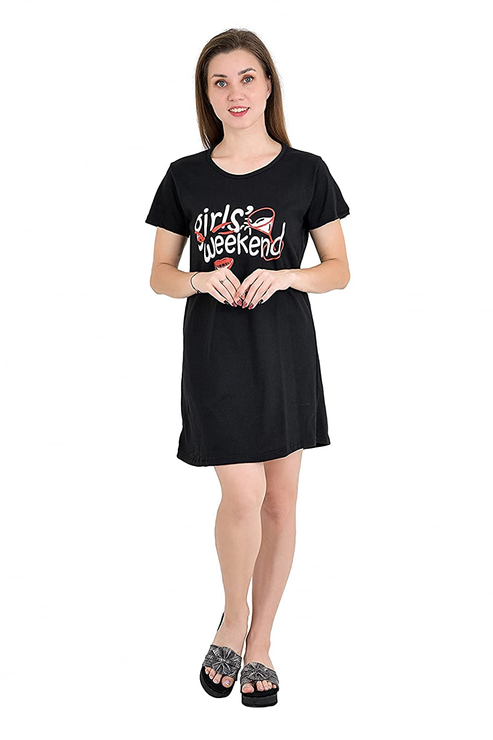 Accustyle Women Cotton Printed Casual Short Nighty Knee Length