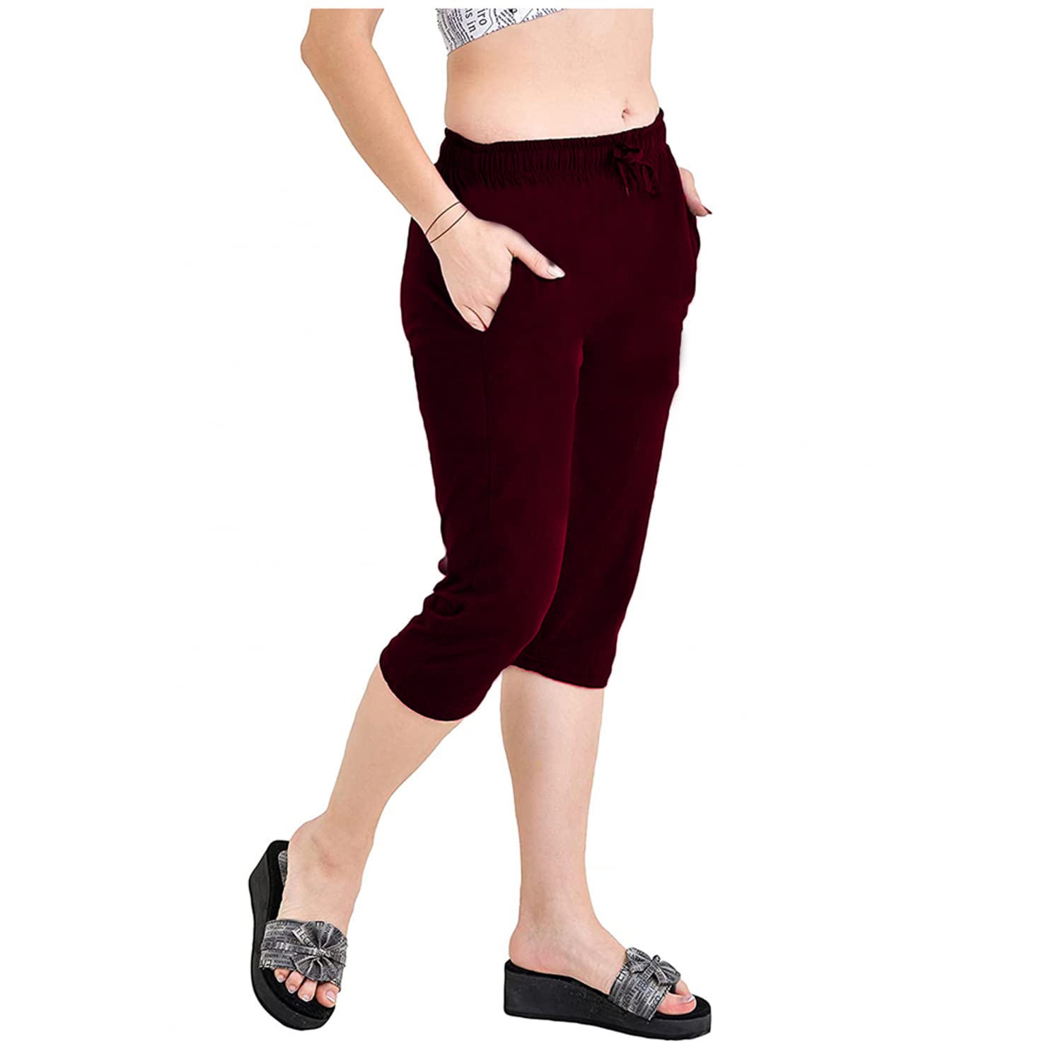 Accustyle Women Cotton Capri with Pockets (Dark Grey & Wine)