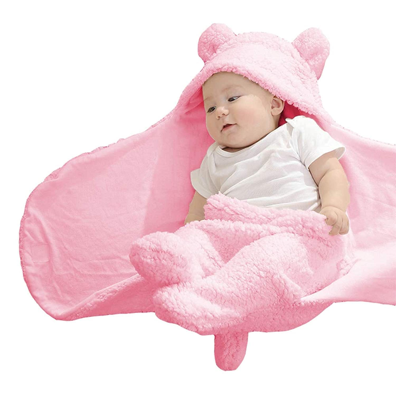 AWEJOY Hooded Baby Blanket Wrapper | Towel for Baby Boy and Girl | All Season Soft Swaddle | 0-6 Months | Nursing Baby Gifts | Infant Sleeping Bag (Pink)