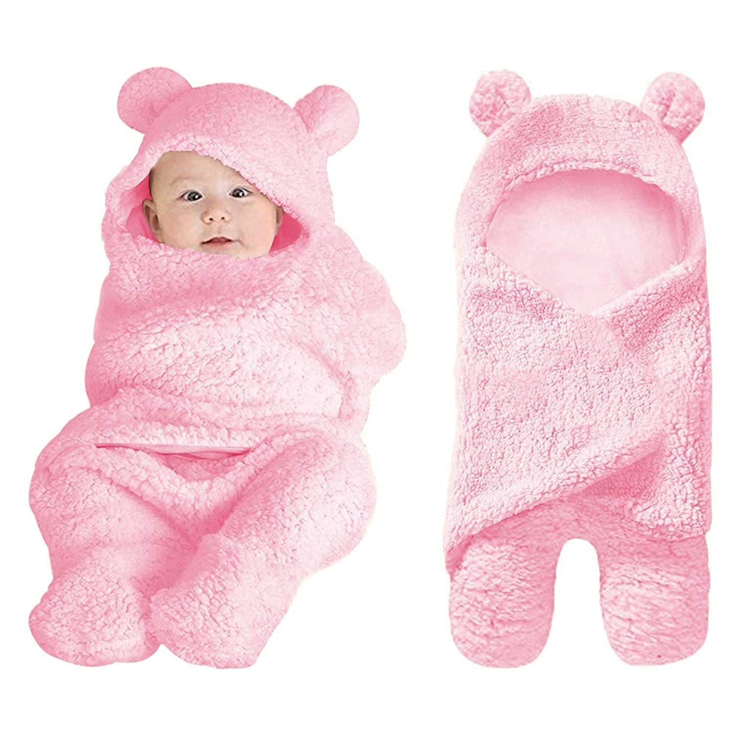 AWEJOY Hooded Baby Blanket Wrapper | Towel for Baby Boy and Girl | All Season Soft Swaddle | 0-6 Months | Nursing Baby Gifts | Infant Sleeping Bag (Pink)