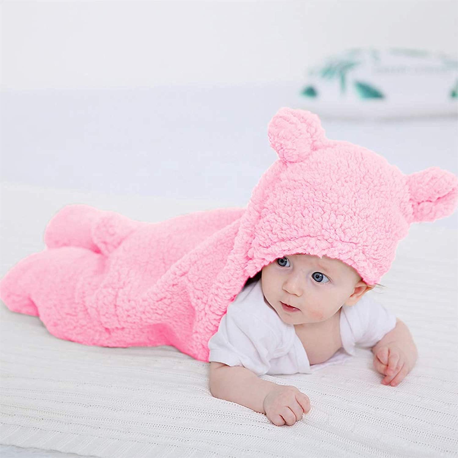 AWEJOY Hooded Baby Blanket Wrapper | Towel for Baby Boy and Girl | All Season Soft Swaddle | 0-6 Months | Nursing Baby Gifts | Infant Sleeping Bag (Pink)