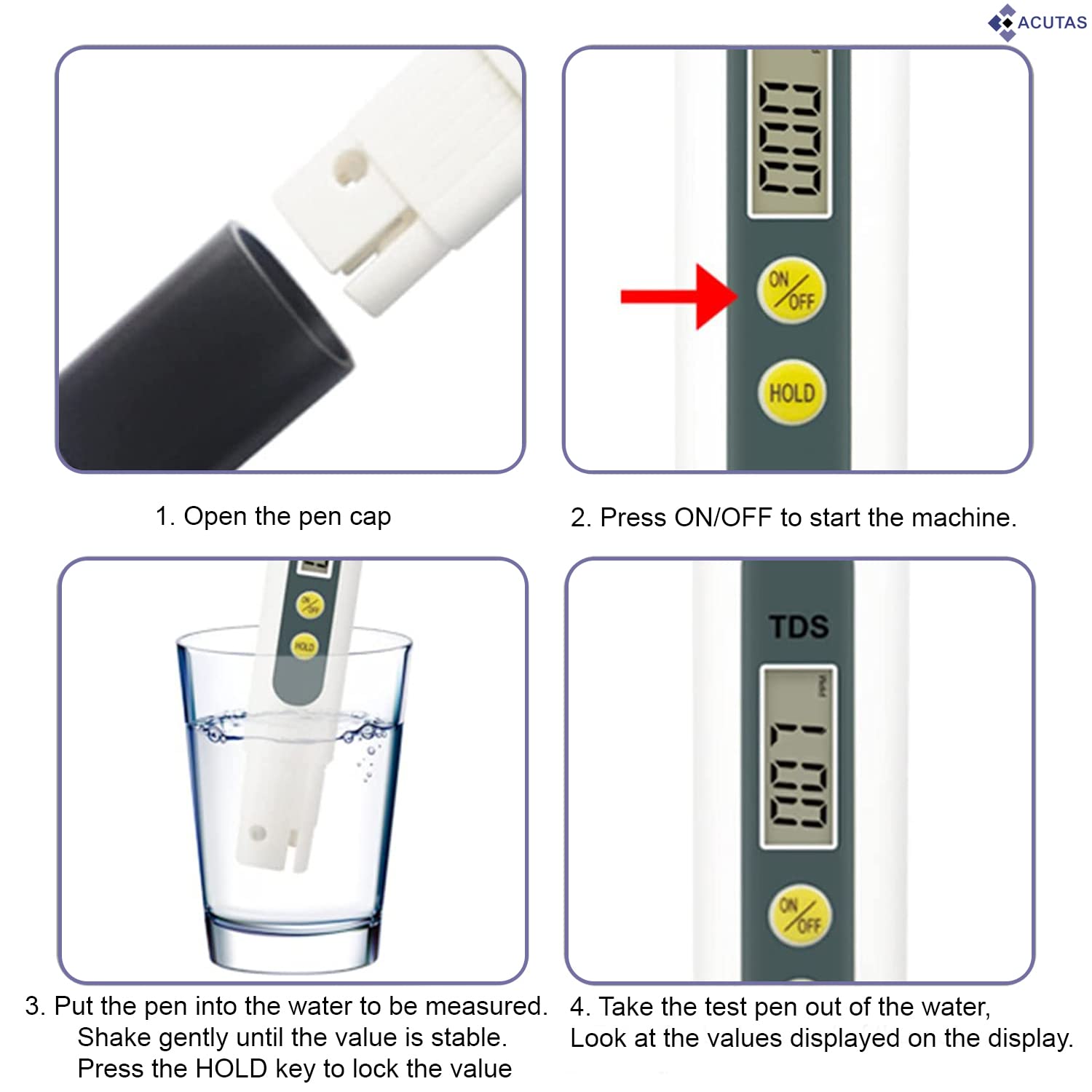 ACUTAS TDS Meter - Accurate and Portable Water Quality Tester for Drinking Water, Aquariums, RO/DI Systems, Hydroponics, and More
