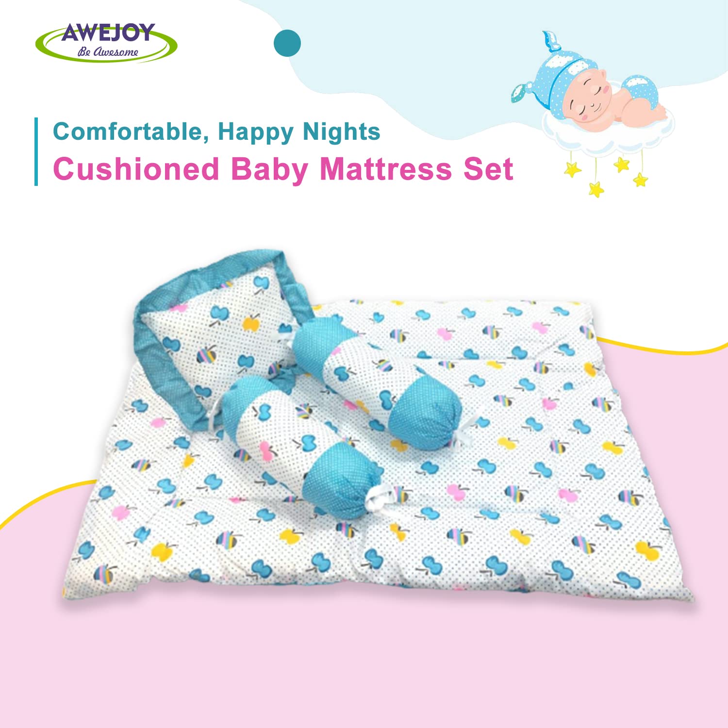 AWEJOY Baby Bedding Set for New Born Baby,Baby Bedding Mattress Set with Neck Pillow & 2 Bolsters | Sleeping Nest Travel Bed for Baby | Infant Toddler Bed Set Gifts for Baby Boy Girl (0-9 Months)