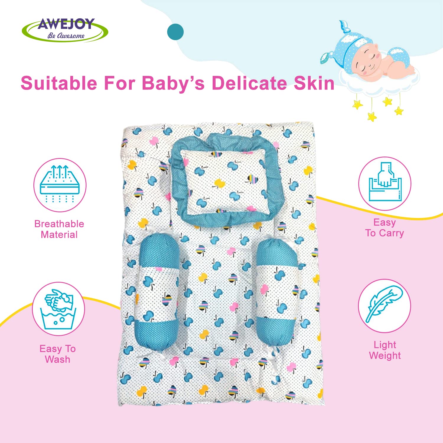 AWEJOY Baby Bedding Set for New Born Baby,Baby Bedding Mattress Set with Neck Pillow & 2 Bolsters | Sleeping Nest Travel Bed for Baby | Infant Toddler Bed Set Gifts for Baby Boy Girl (0-9 Months)