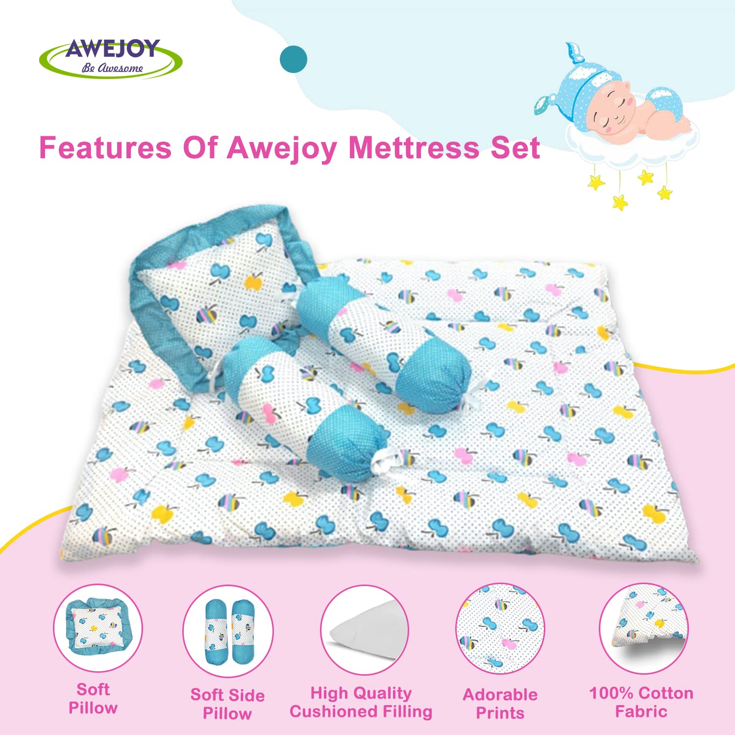 AWEJOY Baby Bedding Set for New Born Baby,Baby Bedding Mattress Set with Neck Pillow & 2 Bolsters | Sleeping Nest Travel Bed for Baby | Infant Toddler Bed Set Gifts for Baby Boy Girl (0-9 Months)