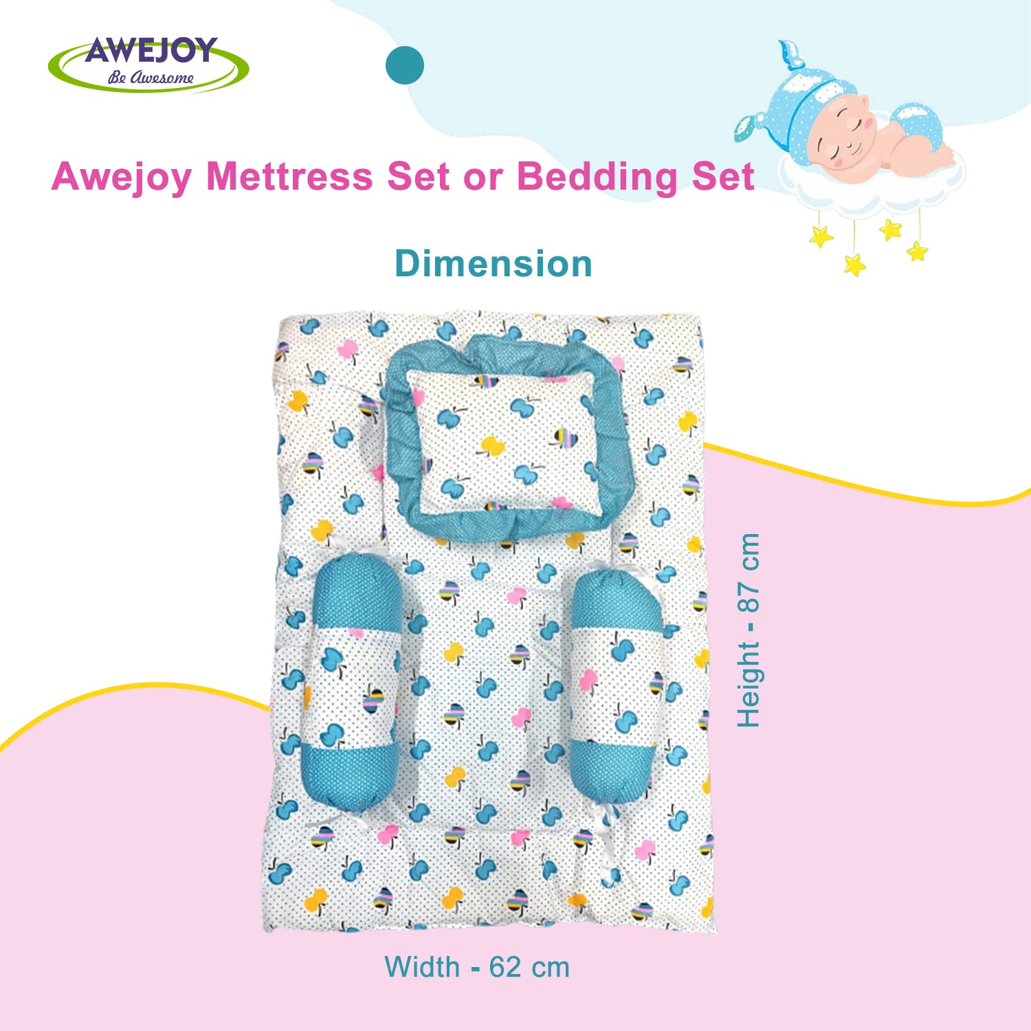 AWEJOY Baby Bedding Set for New Born Baby,Baby Bedding Mattress Set with Neck Pillow & 2 Bolsters | Sleeping Nest Travel Bed for Baby | Infant Toddler Bed Set Gifts for Baby Boy Girl (0-9 Months)