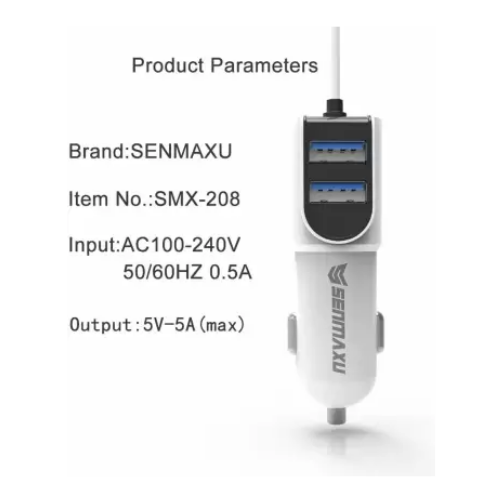 SENMAXU Dual Port Car Charger with 3 in 1 Cable Micro USB, Type C, V8 Cable (White)