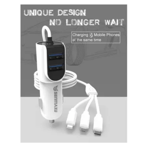 SENMAXU Dual Port Car Charger with 3 in 1 Cable Micro USB, Type C, V8 Cable (White)