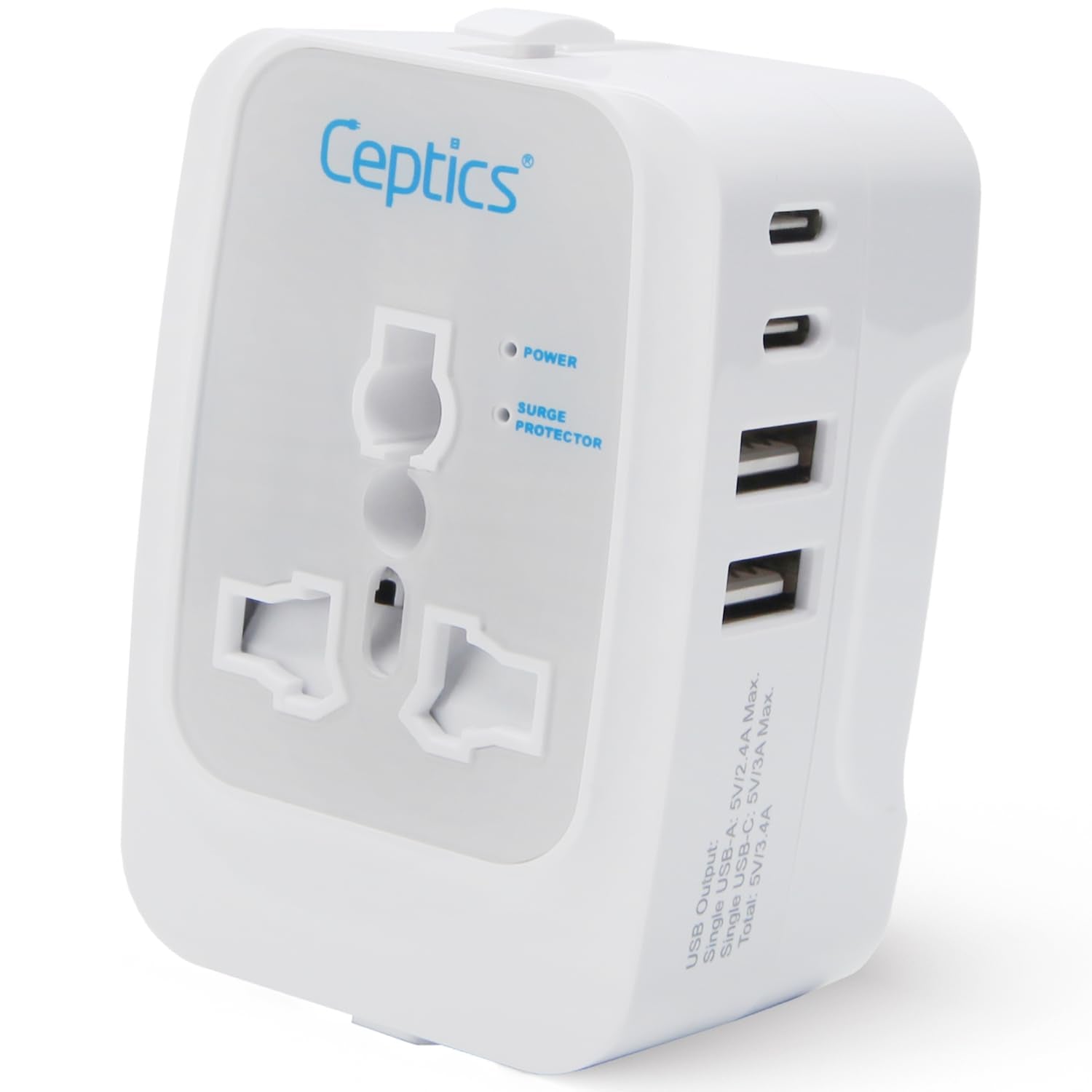 Ceptics 5-in-1 Universal Travel Adapter | 17W | 2 USB-A + 2 USB-C Port | White