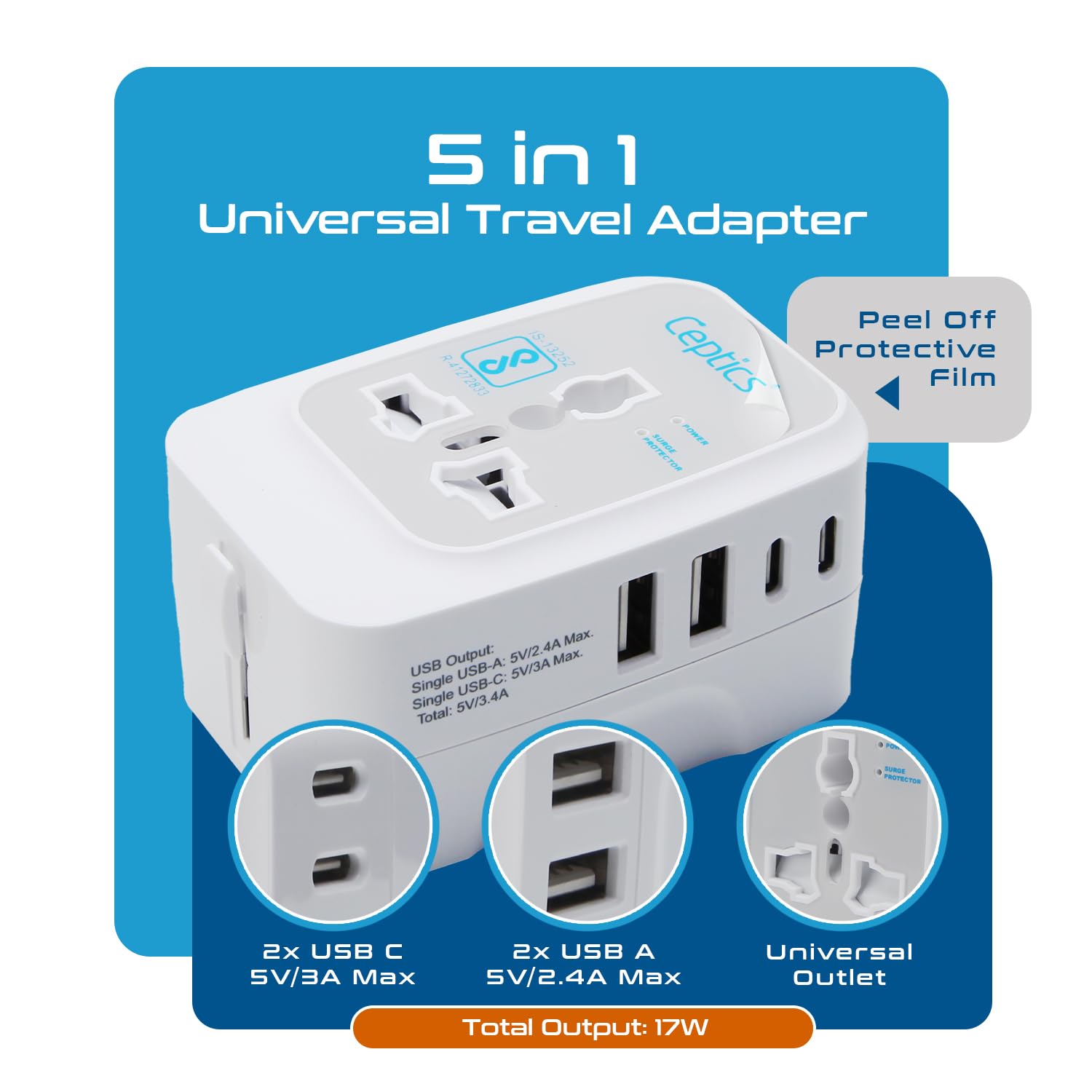 Ceptics 5-in-1 Universal Travel Adapter | 17W | 2 USB-A + 2 USB-C Port | White